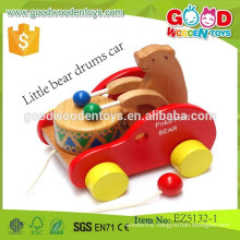 hot selling little bear drums car OEM wooden pull bear cars educational bear toys for children EZ5132-1